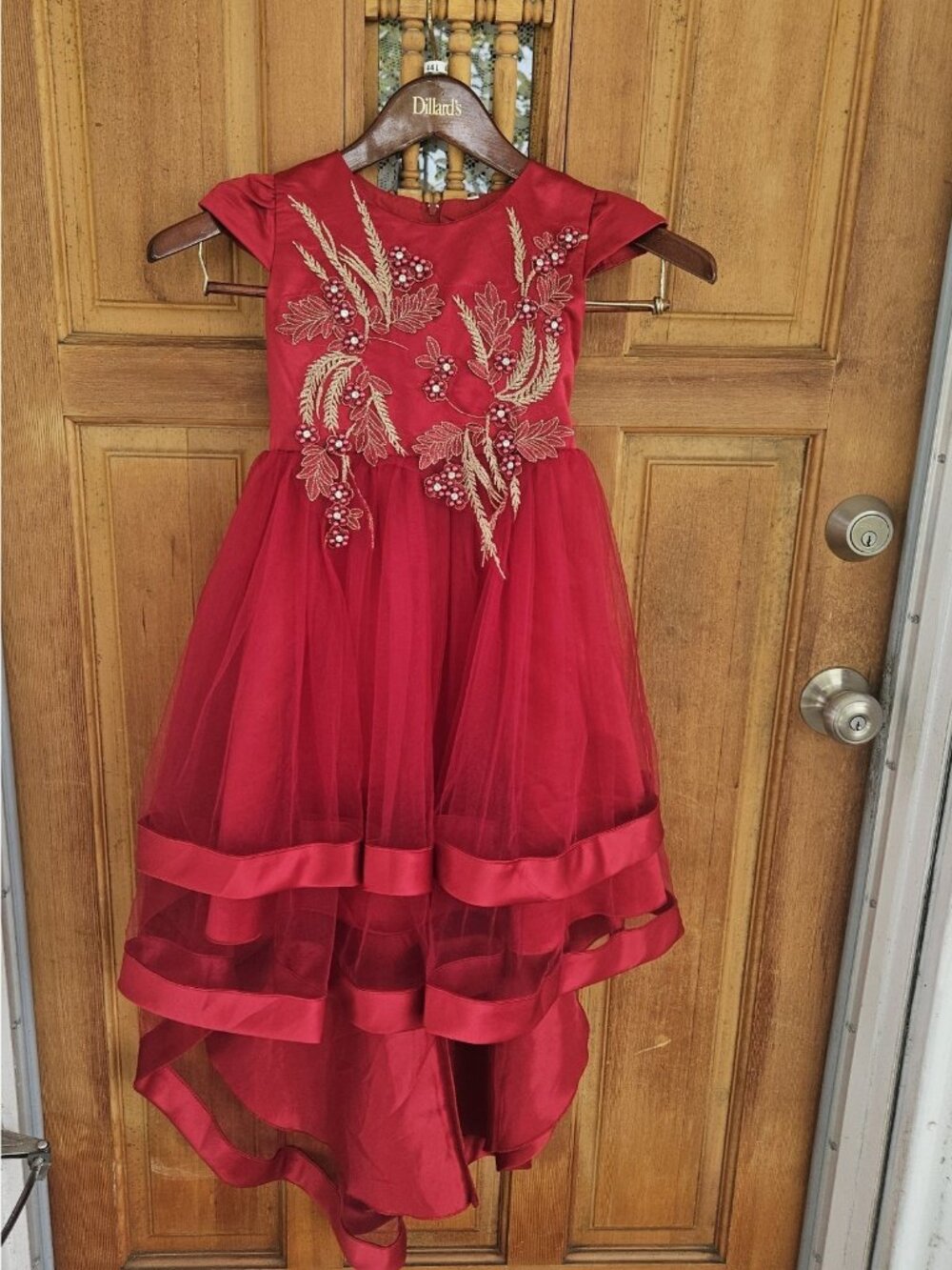 Girls Size 140 Us 10 Red /Gold Fancy Holiday Hi Low Dress Party Formal